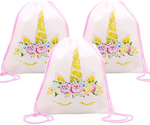 CiyvoLyeen Gold Unicorn Party Drawstring Backpacks Gifts Bags Birthday Party Favor Bag for Kids [Large Size] 8 Pack (L)
