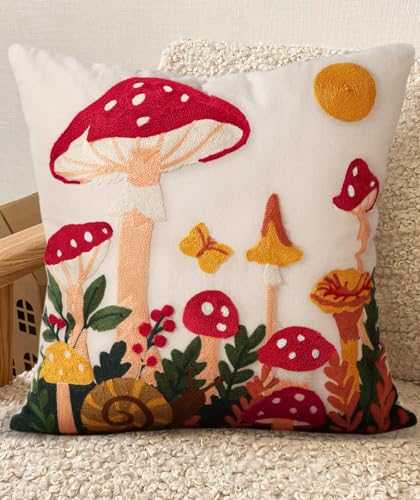 Kokaaee Embroidered Throw Pillow Cover 18x18 Inch - Spring Summer Boho Decorative Pillow Cover with Zipper for Living Room Couch Sofa Bed Aesthetic Design Mushroom Moon Cushion Pillowcase
