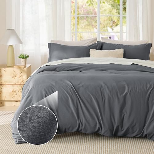 Image of Bedsure Textured Duvet Cover Queen Size - Cotton-Like Polyester Jacquard Duvet Cover Set for All Seasons - 3 Pieces Elevated Dobby Ultra Soft Bedding Set, NO Comforter (Dark Grey, Queen, 90 inchx 90 inch)