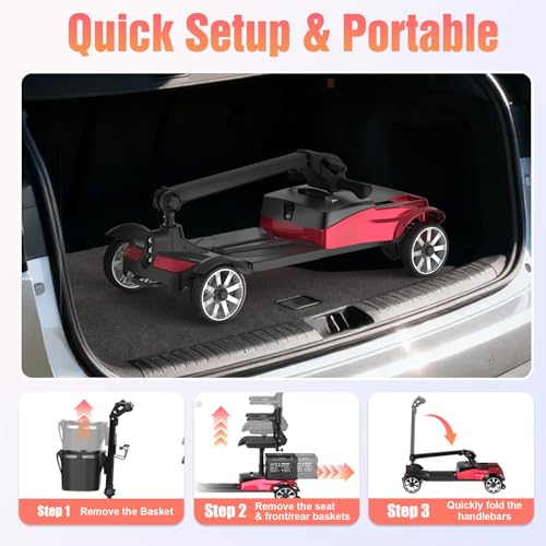 Image of 4 Wheels Mobility Scooters for Seniors, Foldable Mobility Electric Scooter, 350LBS Capacity& 15 Miles Range&350W Powerful Moto&Rotating Seat&LED Light& Double Baskets&Auto Brake-Red