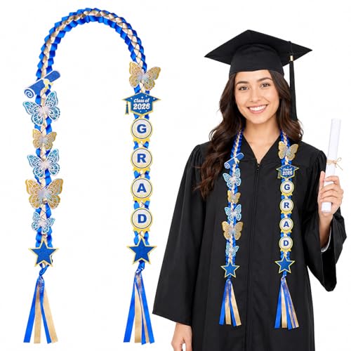 Image of Class of 2026 Graduation Leis, Blue & Gold Double Ribbon Lei with DIY Butterfly Pin Accessories,Graduation Gift for Her Him Boy Girl