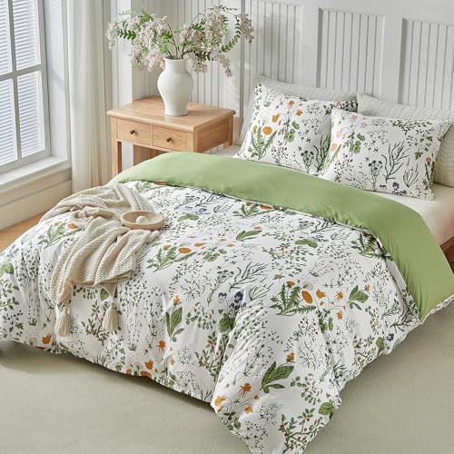Image of Lekesky King Size Duvet Cover Set, Lightweight Soft Microfiber Comforter Cover, Reversible Duvet Cover King with Floral Pattern, 3 Pieces Green Bedding Set with Zipper and 2 Pillowcases