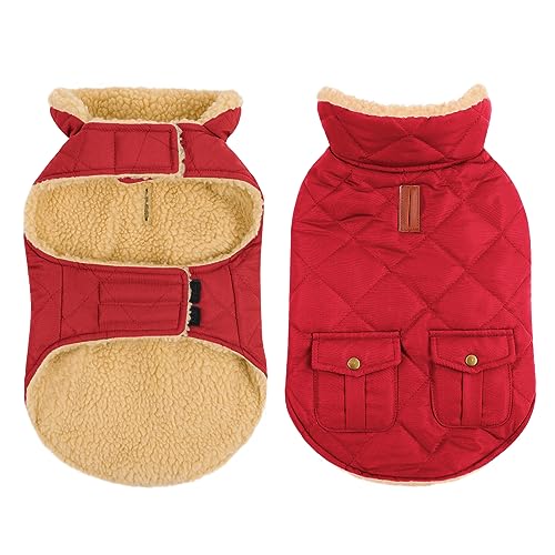 CITÉTOILE Dog Coat - Water-Resistant & Windproof Dog Jacket with Sherpa Lining, Leash Hole & Pockets, Red