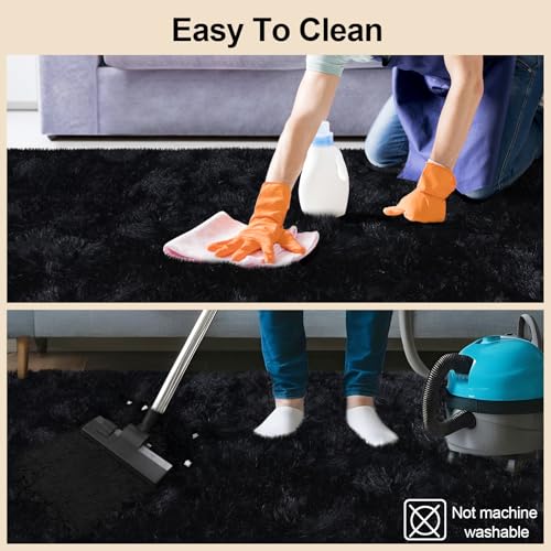 5x7 Rugs for Living Room, Black Large Fluffy Area Rugs for Bedroom, Soft Carpet Shag Kids Rug with 4 Non-Slip Rug Pads(5ft x 7ft, Black)