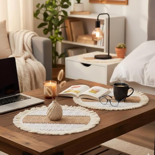 Image of HomeCloud Croshia Woven Table placemat - Heat Resistant, Washable Table Decoration for Dining, Office, Kitchen, Hotel, and Home (Round White Beige, Set of 1)