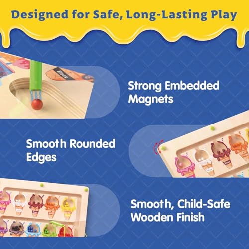 Image of Spartan Kids 3 in 1 Ice Cream Magnetic Puzzle Board for Kids, Wooden Magnetic Maze Learning Toy, Magnetic Color Sorting Board for Toddler Counting and Colour Recognition