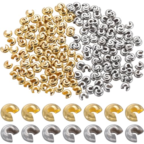 SOFPLATE 1 Box 200Pcs 6Mm Jewellery Bead Covers Gold Crimp Beads Bulk Brass Small Silver Stoppers Half Round Open Crimp Beads Knot Covers for Jewellery Making Necklaces Bracelets Earrings Supplies