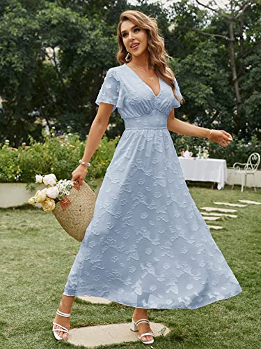 Image of Simplee Women's Boho Floral Maxi Dress Flowy Casual V Neck Short Sleeve Wedding Guest Holiday Beach Long Dress