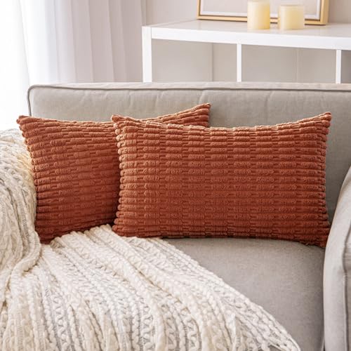 ANRODUO Pack of 2 Corduroy Decorative Throw Pillow Covers 12x20 Inch for Couch Bed Living Room, Soft Striped Rectangular Cushion Case, Neutral Throw Pillows, Farmhouse Boho Home Decor, Burnt Orange