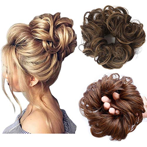 Messy Bun Hair Piece Thick Updo Scrunchies Synthetic Hair Extensions Ponytail Hair Wig Hairpiece Dark Brown with Golden Brown Highlight