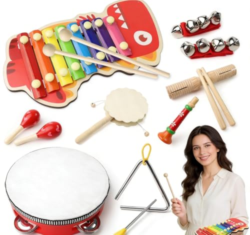 10Pcs Jouet à Percussion Tout-Petits Neutres Set, Instruments de Musique Bébés Bohèmes en Bois, Jouet Rythmique avec Xylophone Tambour Tambourines pour Enfants...