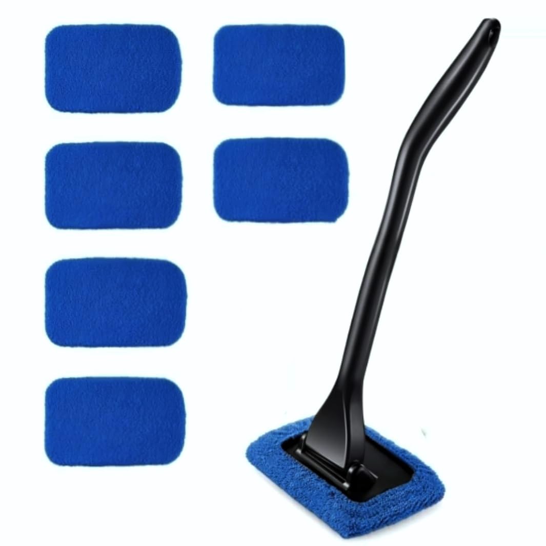 Ceuissp 6PCS Windshield Cleaning Tool Car Window Cleaner with 5 Reusable and Washable Microfiber Pads and Extendable Handle Auto Inside Glass Wiper Kit Green (Blue)