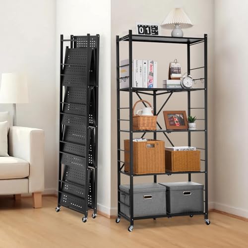 Image of VEVOR 5-Tier Foldable Storage Shelf, 32W x 14D x 72H Inch Folding Metal Rack Shelving Unit, Heavy Duty No Assembly Organizer Shelf with 5 Wheels & 4 Hooks for Pantry, Kitchen, Garage, Basement, Black