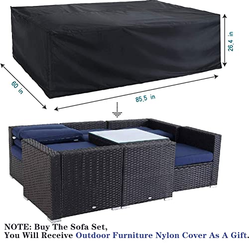 Phi Villa 77" Wide Outdoor Rattan Sectional Sofa With Cushions - Small Patio Wicker Furniture Set (3 - Person Seating Group, Blue)(Furniture Cover Included) #TOP2