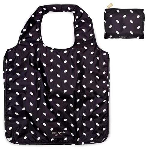 kate spade new york Reusable Produce Bags, Shopping Tote with Zipper Storage Pouch, Lightweight Foldable Grocery Bag (Almond Dot)