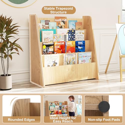 Image of HONEY JOY Kids Bookshelf, 4-Tier Wooden Toddler Bookcase, Children Book Rack & Magazine Display Shelf, Toy Storage Organizer, Book Shelf for Kids Rooms, Playroom, Nursery, Classroom (Natural)