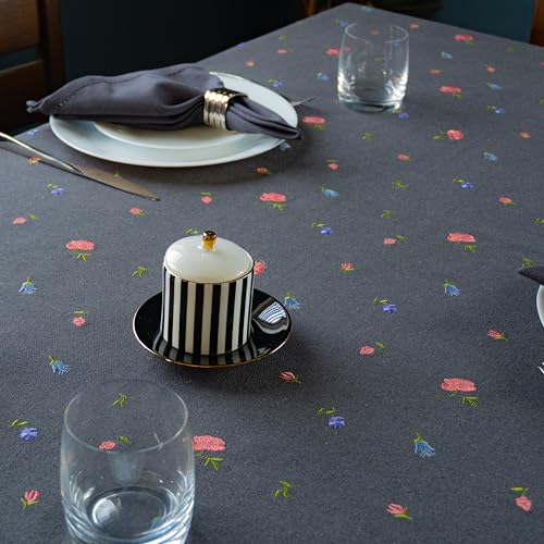 Image of Embroidered Cotton Tablecloth, Twilight Buds, 60 x 90 in | Premium heavyweight chambray cotton, all-over embroidery, 6-seater rectangle, machine washable, elegant dining and hosting