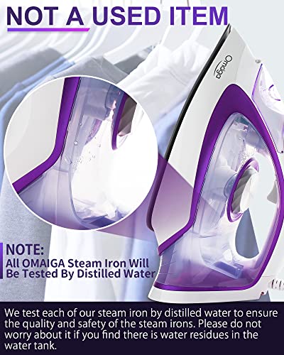 Omaiga Steam Iron For Clothes, 1750W Steam Iron With Rapid Heating Ceramic Coated Soleplate, Clothing Iron With Adjustable Precise Thermostat Dial, Self-Cleaning, Auto-Off, 15.21Oz Water Tank For Daily Ironing Use, Purple #TOP7