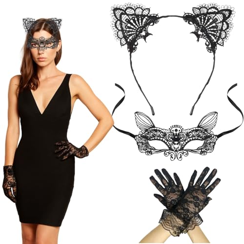 GWAWG Bandeau D'oreille de Chat, Masque et Ensemble de Gants,Déguisement Femme, Jeu de Rôle de Masquerade Fête D'Halloween