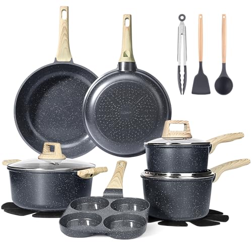 GiPP Topfset 17-teilig,Topf-und Pfannenset mit Antihaftbeschichtung,Pfannen 24+28 cm,Topf 4,2 L,Kochtöpfe 16+18 cm,4-Loch Omlettenpfanne, mit Pfannenwender+Löffel,für Alle Herdarten Geeignet, Grau
