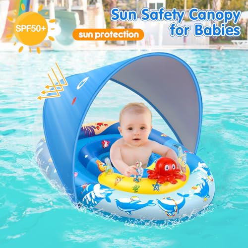 ezigo baby pool float with canopy upf50 sun protection inflatable kids pool floats with ocean animal toys for baby 6-36 months infant swimming float with adjustable safety seat for boys girls