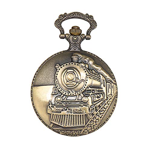 ShoppeWatch Pocket Watch with Chain Goldtone Railroad Train Full Hunter Locomotive Steampunk Design PW-34