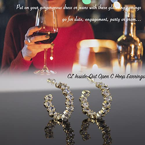 Cubic Zirconia Hoop Earrings For Women - Cz Inside-Out Open C Hoop Earrings With 14K Gold Plated Sterling Silver Post For Daily Party Wedding (Gold) #TOP5
