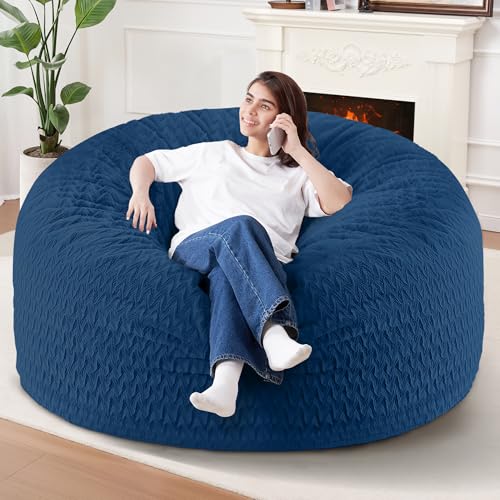 Image of 5FT Bean Bag Chair,Giant Bean Bag Chairs for Adults,Big Bean Bags with Memory Foam Filled, Large Beanbag Chairs with Chevron Plush Cover-Blue