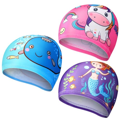 Image of Geyoga 3 Pcs Kids Swim Caps for Boys Girls Age 2-12 Swimming Hat Pool Cap Child Swim Hat for Toddler Youth (Vibrant Style)