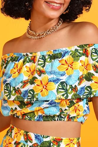 Image of POPWINGS Casual Bagru Printed Cotton Top and Skirt Set for Women || Pom Pom Top and Long Slit Skirt Set for Women || Two Piece Women Set for Summer