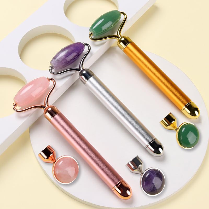 Strumento for Massaggio di Bellezza con Rullo di Giada Vibrante Elettrico 2 in 1 al Quarzo Rosa for Lifting facciale in Pietra di Giada di Cristallo (Color : Pink-No Box)