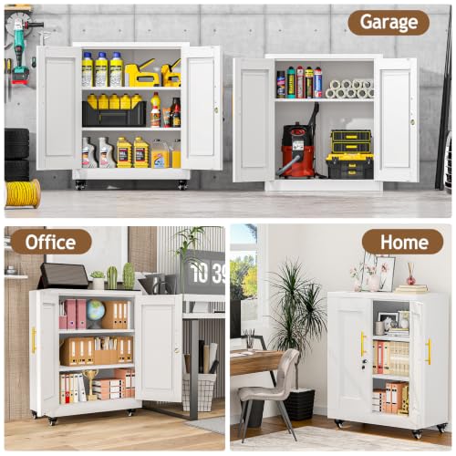 Image of 35 inch Lockable Rolling Metal Storage Cabinet, Steel Office File Cabinet | Garage Cabinet with Wheels & 2 Adjustable Shelves, Freestanding Tool Cabinet for Home, Office & Garage Storage, White