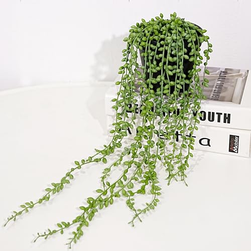 Jahe String of Pearls Artificial Plants Indoor Beaded Plant Fake Vines Succulents Plants Artificial in Black Pots Trailing Faux Plant for Living Room Bathroom Accessories Farmhouse Wall Decor