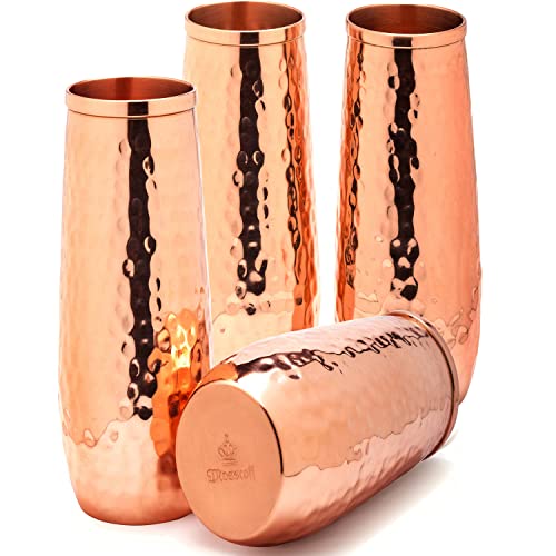 Copper Flutes Set Of 4 - Moscow Mule Copper Flutes - 10 Oz Hammered Stemless Champagne Flutes Of Solid Copper - Copper Wedding 7Th Set #TOP10