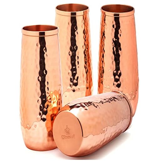 Copper flutes set of 4 - Moscow mule copper flutes - 10 oz hammered stemless champagne flutes of solid copper - copper wedding 7th set