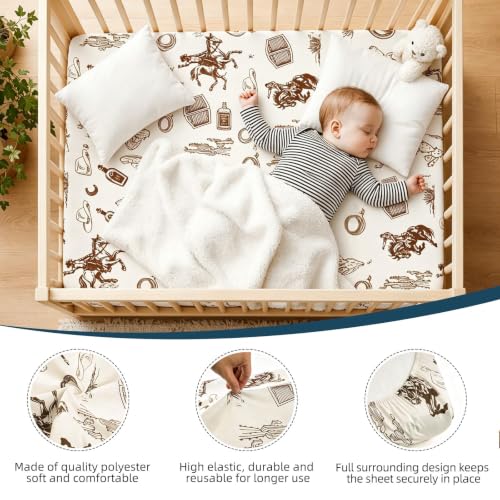 Image of 4 Pack Vintage Western Crib Sheets Set - Fits Standard 52 inchx28 inchx8 inch Crib & Toddler Mattress, Soft Breathable Polyester Baby Nursery Bedding, Retro Cowboy Horse Cactus Print Fitted Sheets for Boys