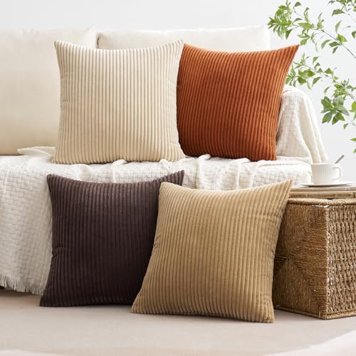 Image of MIULEE Boho Farmhouse Throw Pillow Covers 18x18 Inch Set of 4 Rustic Mordern Neutral Cushion Covers Soft Corduroy Nordic Fall Home Decor for Couch Bed Sofa Living Room Chocolate Brown /Rust