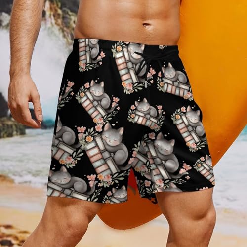 Pantalones cortos de playa con estampado original de gatos durmiendo sobre libros 3