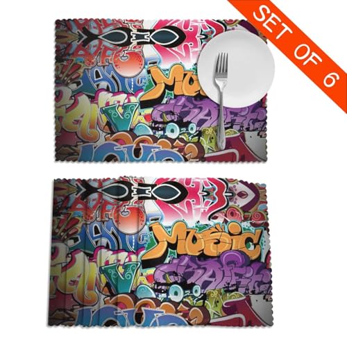 Sets de table imprimés graffiti anti-tache et anti-chaleur pour salle à manger