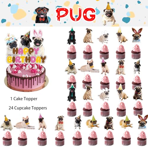 25 Pcs Mops Kuchen Dekorationen Mops Kuchen Topper Cupcake Toppers für Mops Hund Geburtstag Dekorationen Mops Party Dekorationen Geburtstagsparty Zubehör