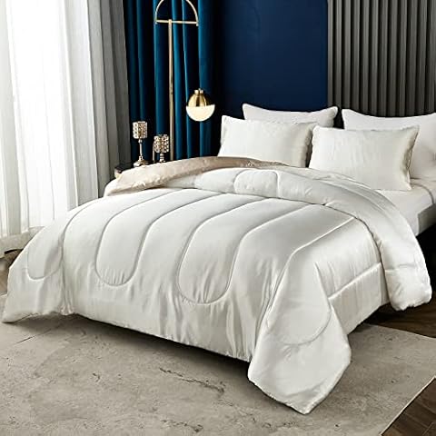 Satin Comforter Sets Queen Silk Like White Comforter Alternative Down Comforter Soft Polyester Filling Luxury Silky Bedding Taupe Satin Comforter Set 1 Comforter 2 Pillowcases (Queen, White Taupe) Cover