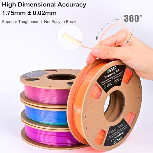 Image of OVV3D Transparent PLA 3D Printer Filament Bundle 250g x 4 Spools, Multicolor Clear PLA Filament 1.75mm Pack, Translucent Color Change 3D Printing Filament, Vibrant Gradient Pastel Filament