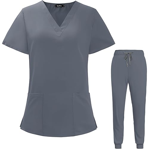 VIAOLI Scrubs for Women Set V-Neck Pocket Top & Drawstring Jogger Scrub Pants Stretch Nursing Scrubs Set Uniform