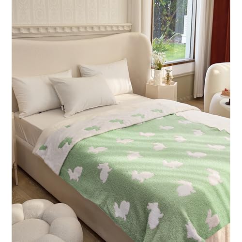 Image of Ultra Soft Cozy Happy Easter Rabbits Spring Knitted Throw Blanket Fluffy Microfiber Checkerboard Bed Blanket Lightweight Both Sides Blanket for Couch Sofa Bed (Rabbit Green, Throw 50 inchx60 inch)