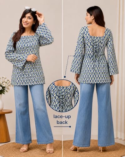 Image of SONISHA Women's Rayon Floral Print Short Kurti for Women Elegance Square Neck, Long Sleeves with Style Criss Cross Back Kurti, Top for Office Wear, Casual, Outdoor
