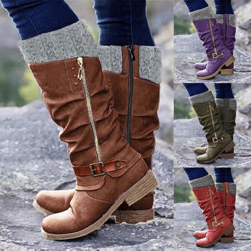 Knee High Boots for Women Wide Calf,Mid Calf Sweater Knitted Ruched Cuff Snow Boots Fashion Side Zipper Vintage Winter Booties Low Heel Motorcycle Riding Round Toe Comfortable Tall Boot2
