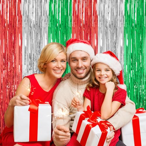 Image of DECOCKRAT 3 Pack Foil Fringe Backdrop - Shiny Tinsel Curtains for Party Decoration /Photo Booth Props - 3.3x8.2FT Metallic Foil Backdrop for Birthday, Wedding, Graduation, Christmas-Red&Silver&Green