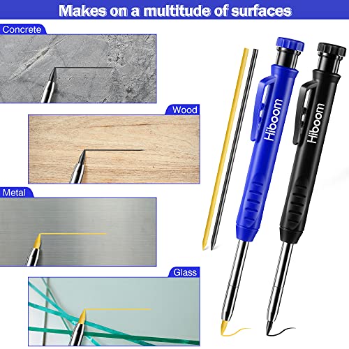 Hiboom 2 Pack Solid Carpenter Pencil with 14 Refill, Long Nosed Deep Hole Mechanical Pencil Marker with Built-in Sharpener for Carpenter Woodworking Architect with Design Patent (Black, Blue)