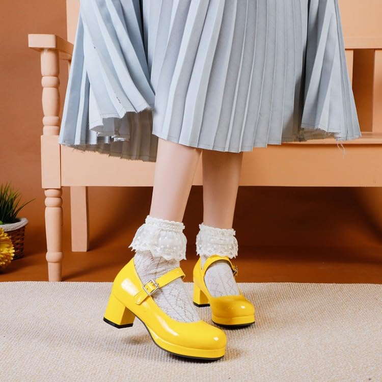 ZQW Round Toe Mary Jane Pumps Shoes for Women Low Block Heel Patent Leather Cute Candy Colors Plus Wedding Cosplay Lolita Shoes3