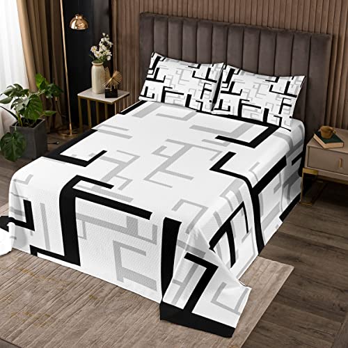 Moderne geometrische Schwarz Weiss Tagesdecke mit abstrakten Linien geometrisches Gitter kariertes Bettdecken 170x210 cm für Mädchen Jungen Frauen Ombre Art Urban Art Quilt Set Schlafsaal Dekor